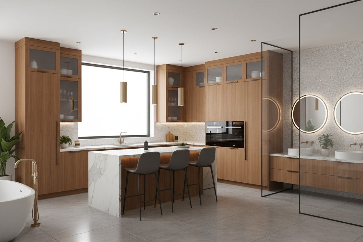 A modern kitchen features light wood cabinets, a marble-topped island with three grey barstools, and an adjacent bathroom space with two circular lighted mirrors.